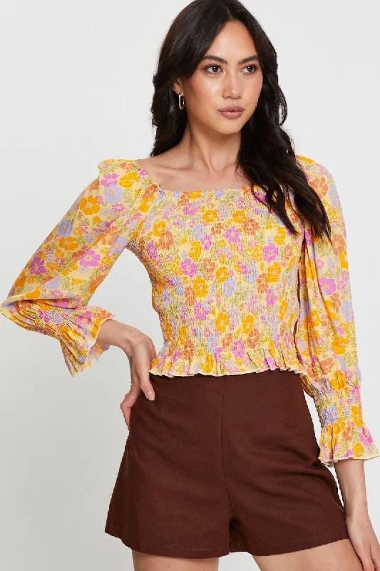 Print Peasant Blouse Long Sleeve