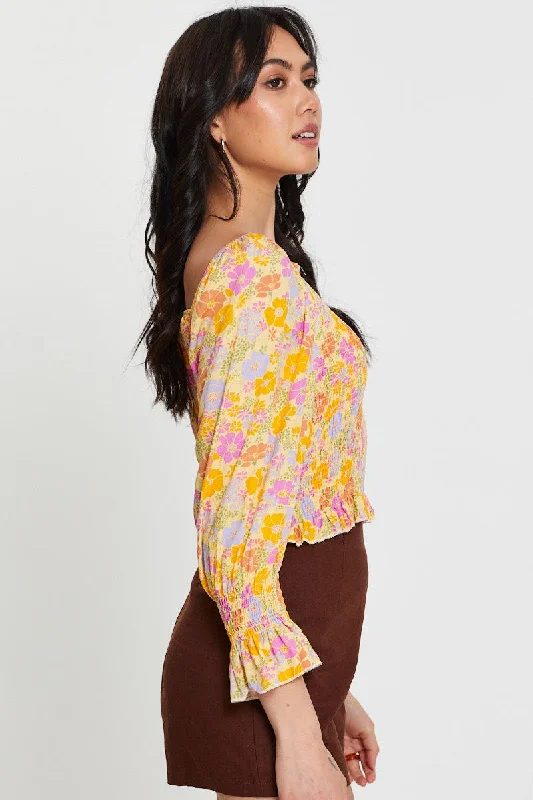 Print Peasant Blouse Long Sleeve