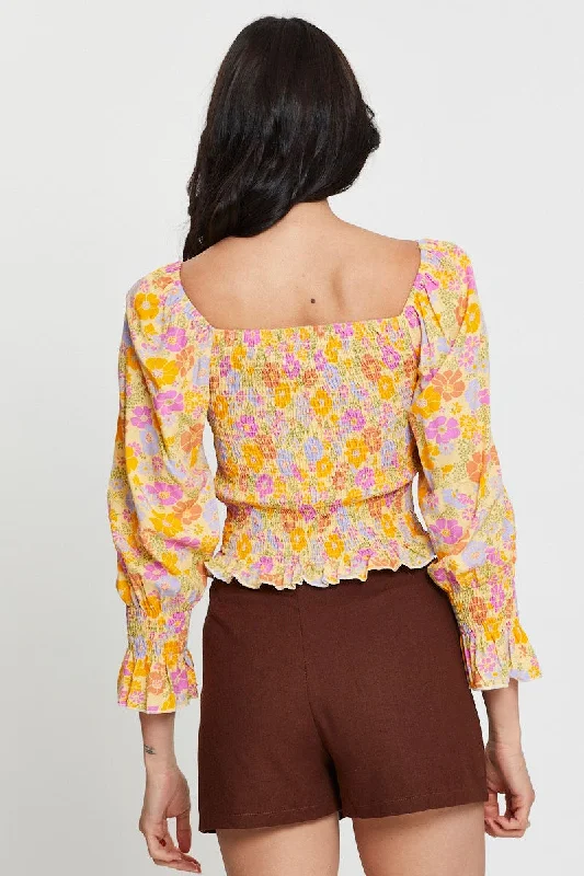 Print Peasant Blouse Long Sleeve