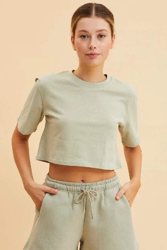 Green Cropped T-Shirt Crew Neck Short Sleeve Cotton