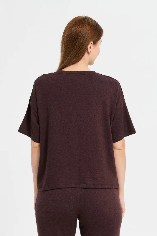 Women Brown Oversized Ribbed T-Shirt