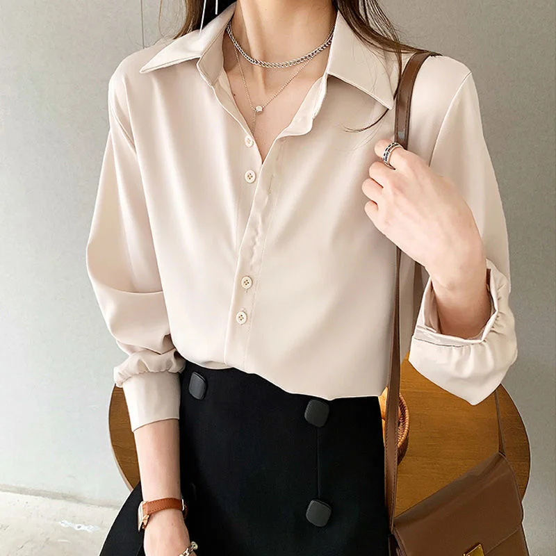 FashionSierra - Women Chiffon Blouse Summer Thin Satin Silk Button Up Blouse Office Shirt