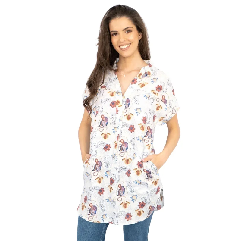 White Stuff Ivory Floral Print Billie Relaxed Linen Tunics Casual Longline Tops