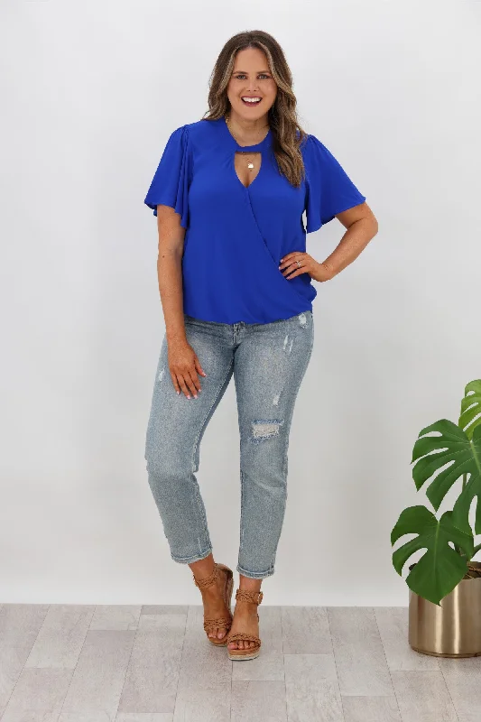 Gloss by Shine On Maria Crossover Front High Neck Blouse Cobalt