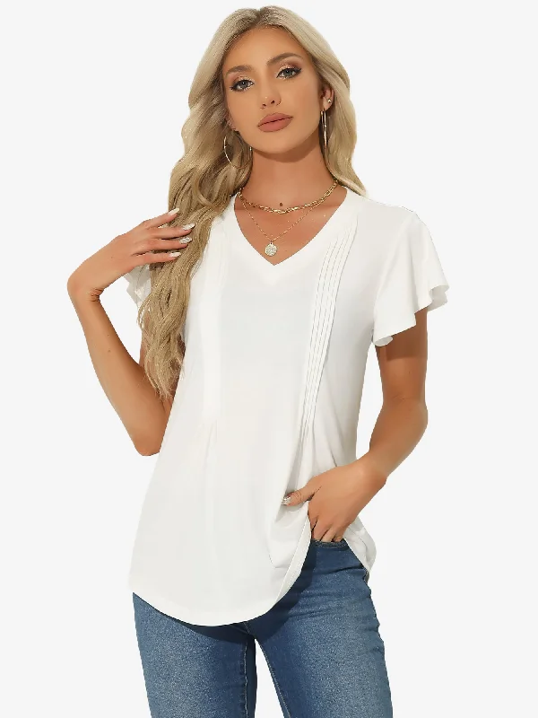 Flare Sleeves Pleated Casual V Neck Tunic Blouse