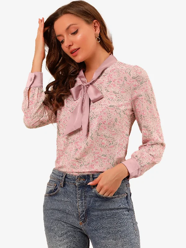 Bow Tie Long Sleeve Office Ladies Tops Floral Chiffon Blouse