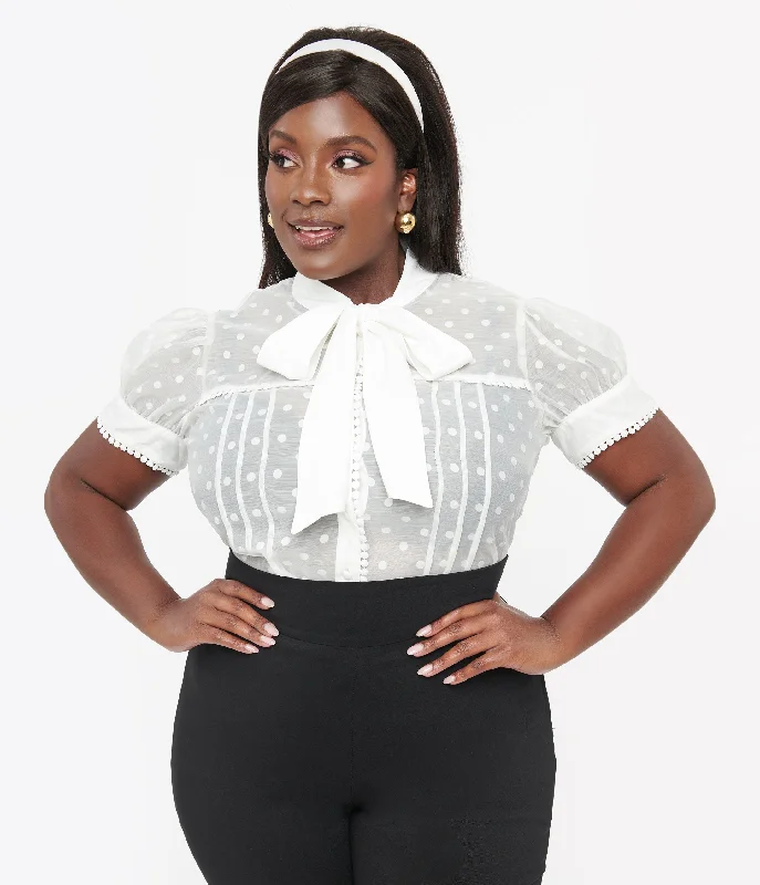 Unique Vintage Plus Size 1940s White Dot Tie Neck Blouse