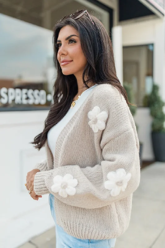 Heartbeat On the High Line Beige Flower Applique Cardigan