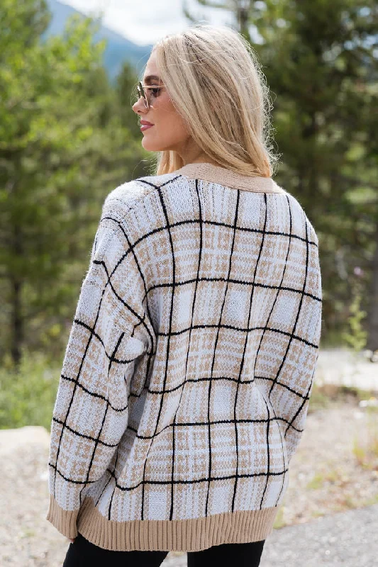 Never Settle Tan Plaid Cardigan