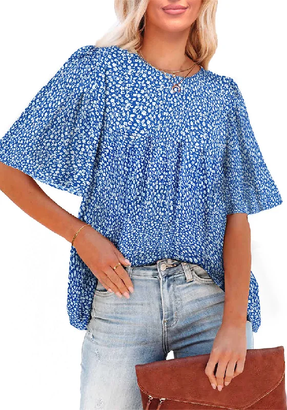 Blue Floral Women's Casual Floral Print Short Sleeve Flowy Babydoll Tops