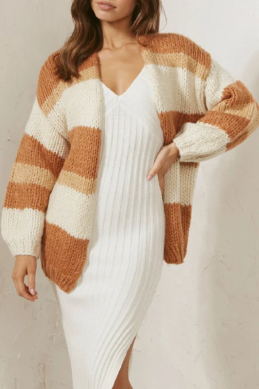 Khaki Striped Colorblock Open Front Knit Cardigan