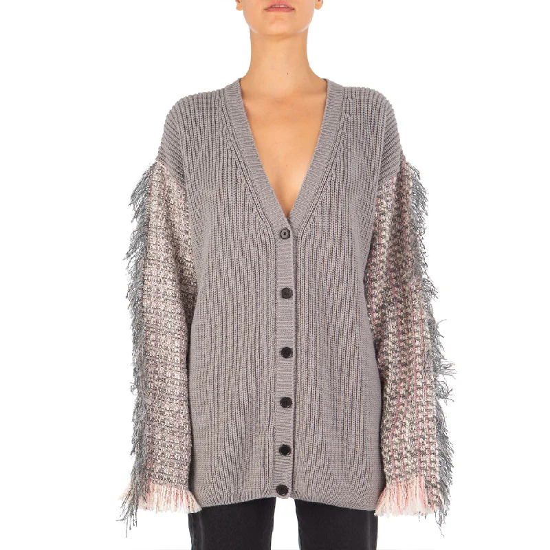 Women's Ribbed And Tweed Patchwork Maglia Cardigans Beige