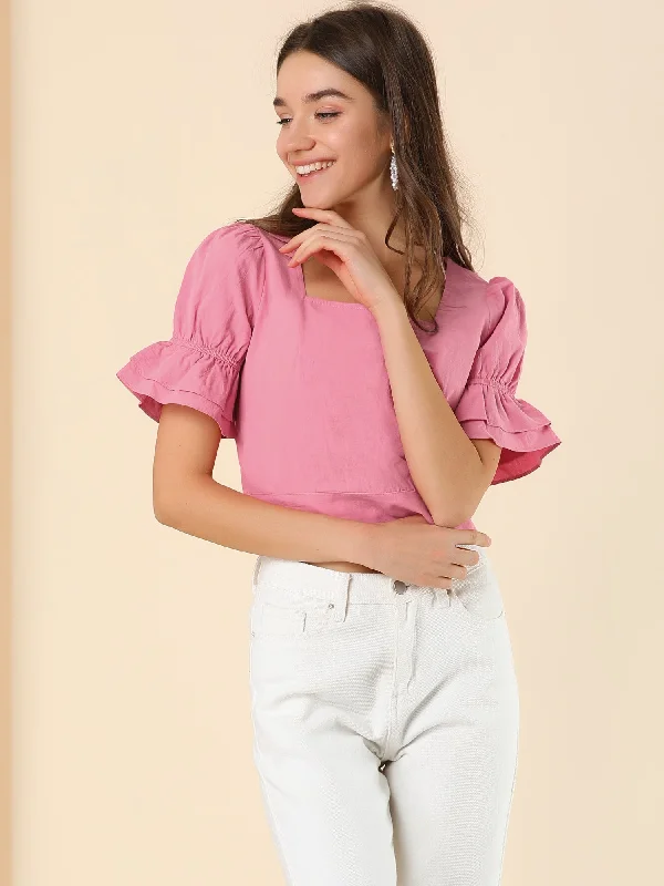 Tie Back Ruffle Puff Short Sleeve Square Neck Cotton Summer Shirt