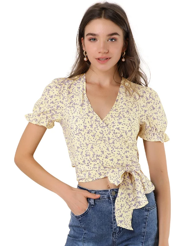 Tie Cross Front V Neck Short Bubble Sleeve Wrap Floral Crop Top