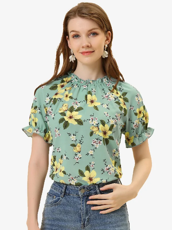 Ruffled Short Sleeve Floral Print Mock Neck Blouses