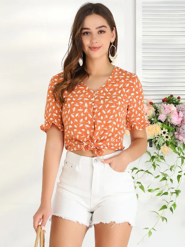 Summer Floral Print V Neck Short Sleeve Button Front Blouse Top