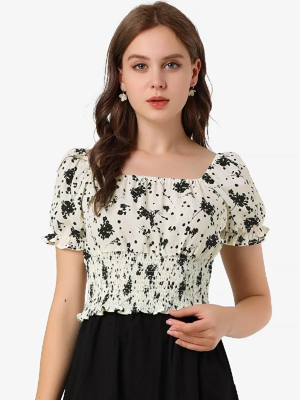 Floral Square Neck Puff Short Sleeve Ruffle Hem Smocked Crop Top