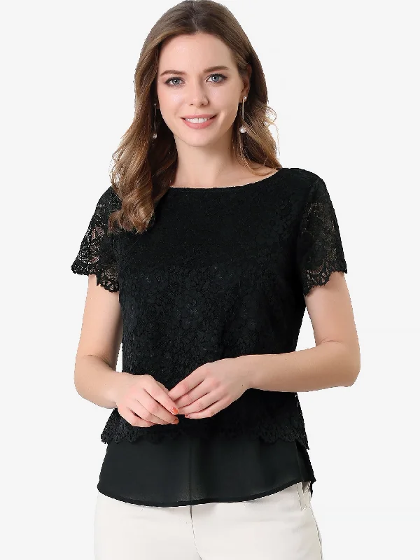 Scalloped Trim Hem Layered Short Sleeve Floral Lace Blouse Top