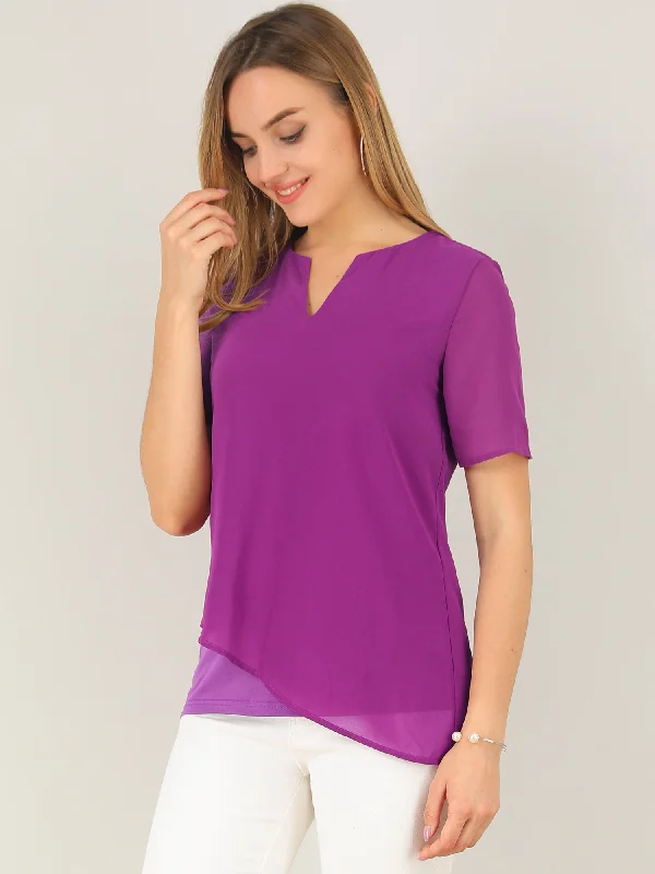 Layered Blouse Short Sleeve Split Neck Asymmetrical Tops