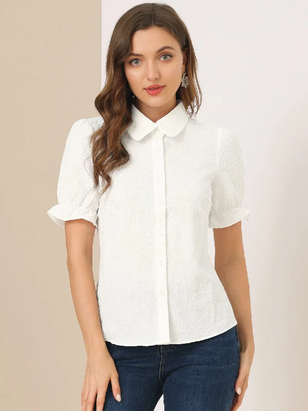 Casual Peter Pan Collar Puff Short Sleeve Floral Button Shirt