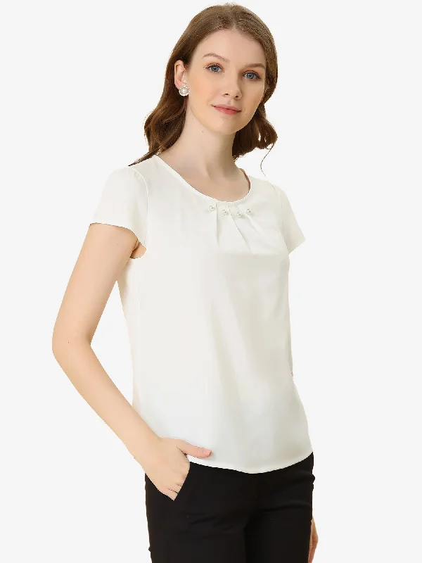 Work Office Short Sleeve Pearl Pleated Chiffon Blouse Top