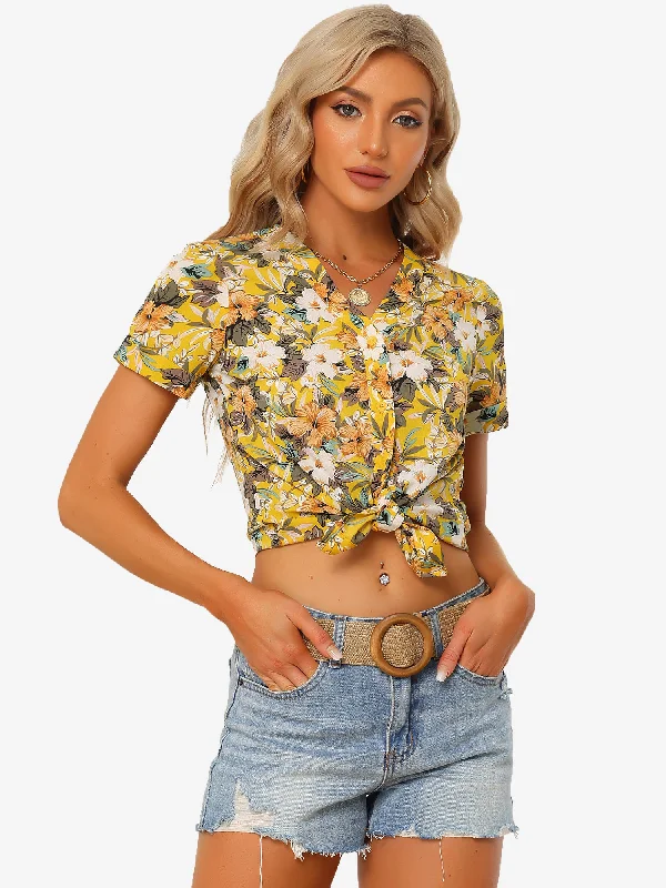 Summer Hawaiian Floral V Neck Short Sleeve Button Down Blouse