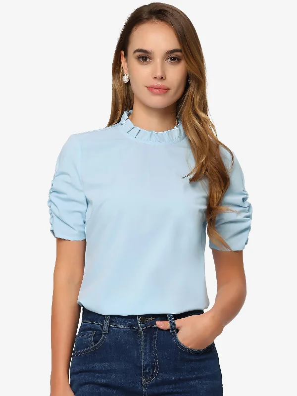 Frill Mock Neck Tops Elegant Ruffle Short Sleeve Work Blouse