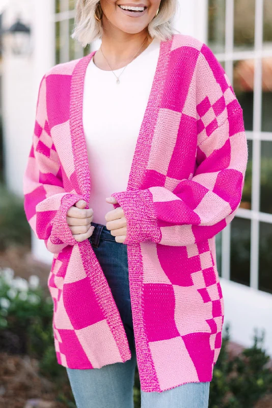 Rose Red Checkered Printed Ribbed Trim Open Front Cardigan