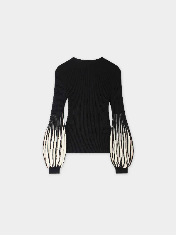 Balloon Sleeve Sweater-Black/Cream