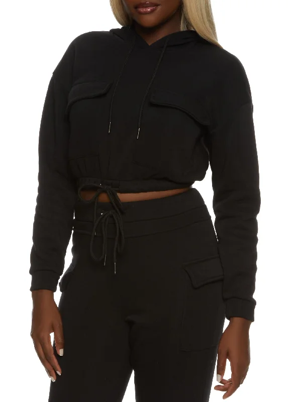 Cargo Pocket Cropped Drawstring Waist Hoodie