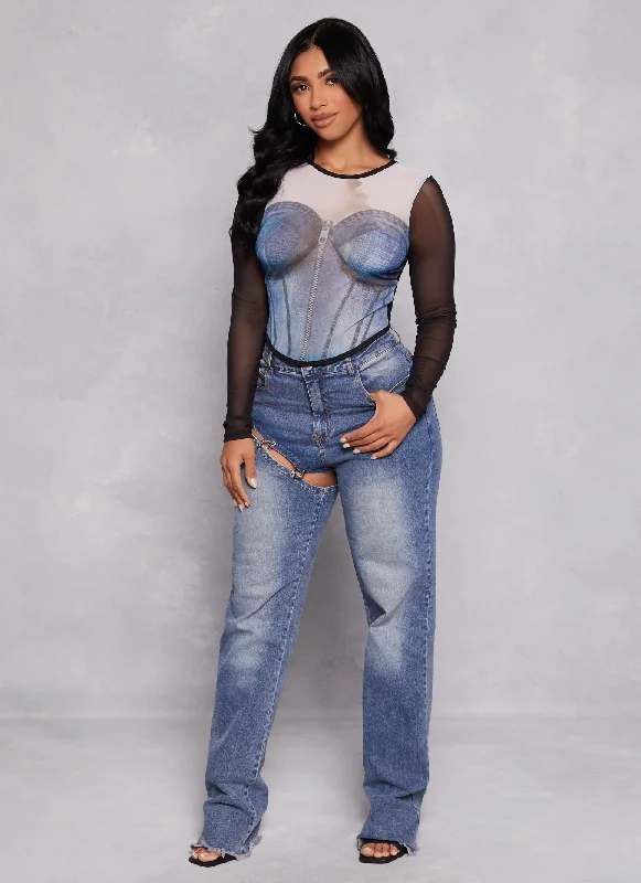 Mesh Denim Corset Graphic Crop Top