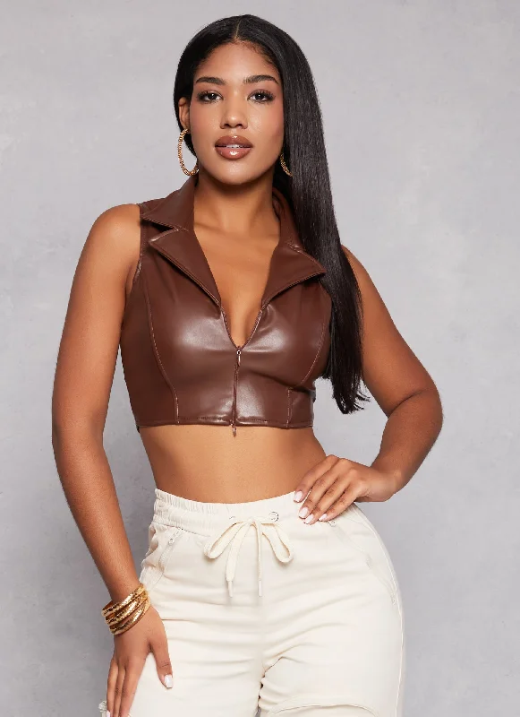 Faux Leather Sleeveless Collared Crop Top