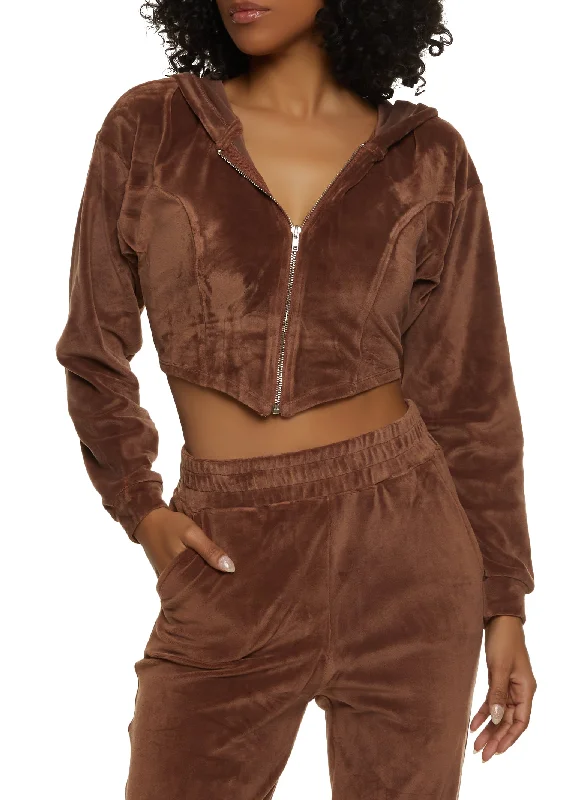 Velour Corset Detail Cropped Hoodie