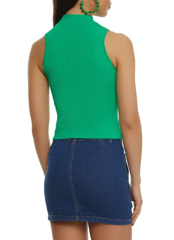 Ribbed Knit Mock Neck Seamless Tank Top