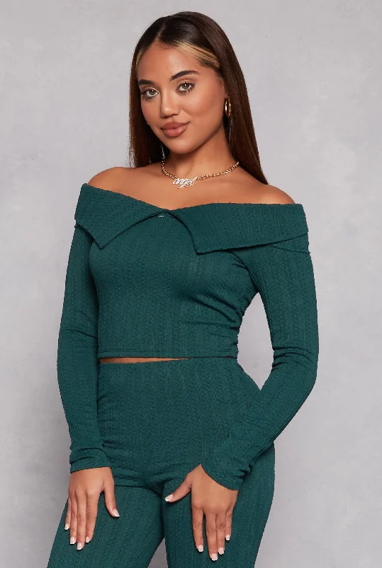 Textured Knit Off the Shoulder Long Sleeve Top