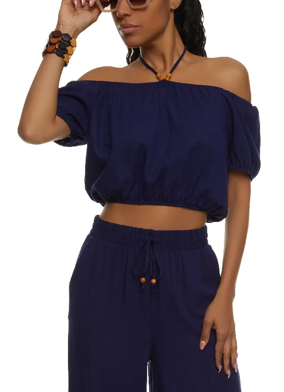 Iris Linen Off the Shoulder Halter Neck Crop Top