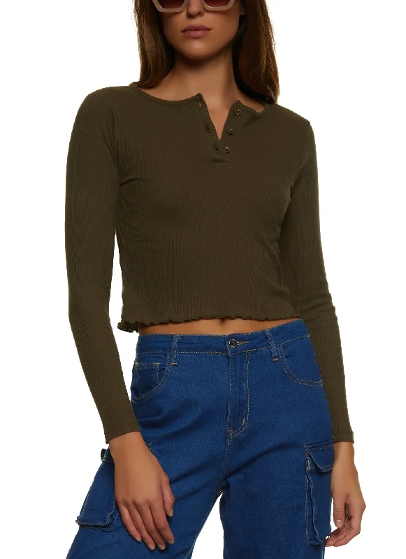 Ribbed Lettuce Edge Henley Top