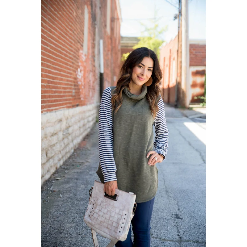 Olive Striped Cowl Neck Tunic