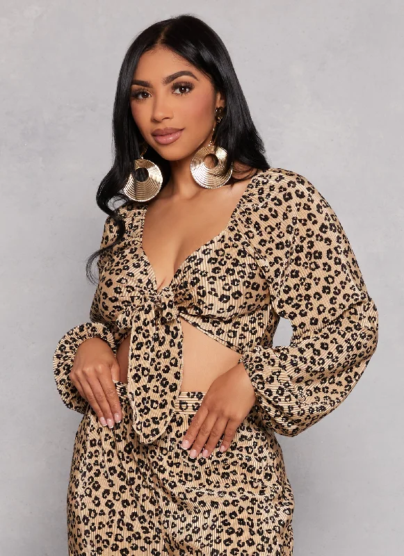 Plisse Leopard Print Tie Front Top