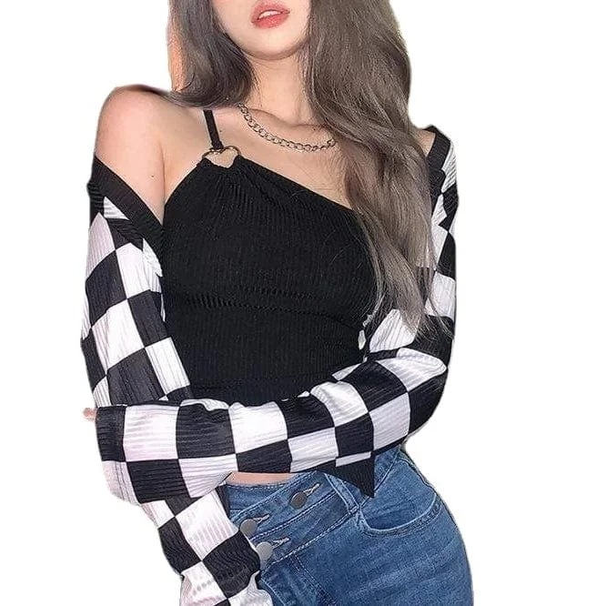 Women's Grunge Check Short Shirt with Irregular Halter Top