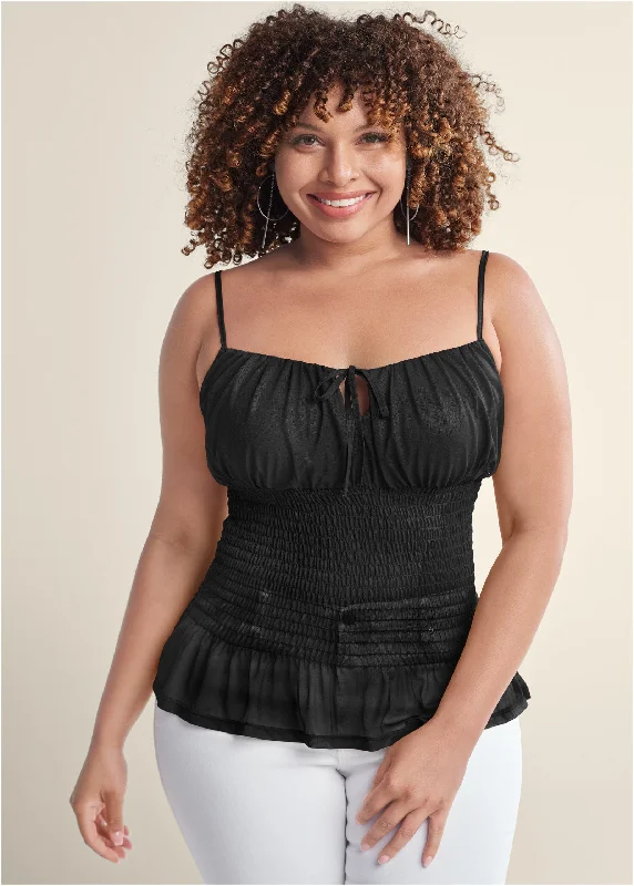 Smocked mesh top - Black